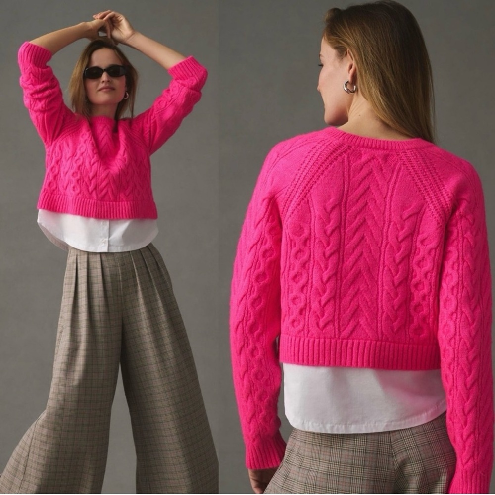Maeve by Anthropologie Cable-Knit Layered Pullover Sweater Sz XS Hot Pink/ White